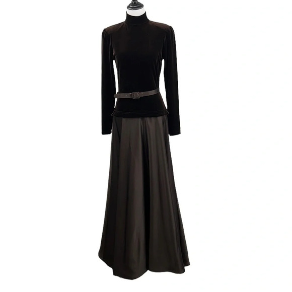 Tadashi Vintage Evening Gown Womens 8 Brown Velvet Satin High Neck‎ Maxi Dress